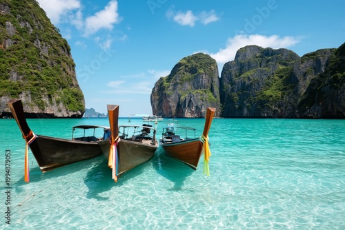 Warm Sunny Day With Boats Anchored at a Tropical Beach in Thailand