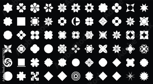 Mega Set of White Abstract Geometric Icons and Minimalist Floral Symbols on Black Background for Logo Design Brand Identity Modern Infographics Pattern Creation and Creative Graphic Art Projects