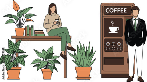 Modern Office Breakroom Vector Illustration Featuring Young Professionals Relaxing with Coffee Near Vending Machine and Indoor Green Potted Plants for Corporate Lifestyle and Workplace Welln