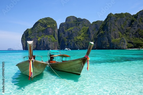 Warm Sunny Day With Boats Anchored at a Tropical Beach in Thailand
