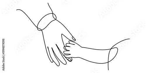 Adult hand holding baby hand, one line drawing, symbol of love and care