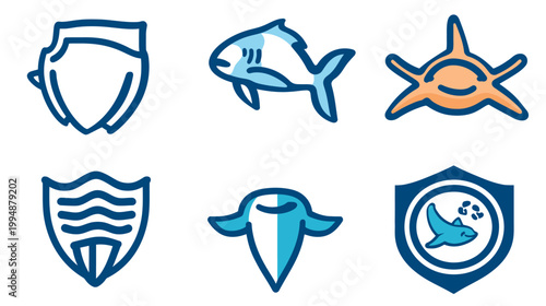 Collection of stylized ocean-themed illustrations, including shields and various marine life forms