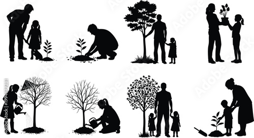 People Silhouette Planting Trees and Gardening Activities Set Featuring Families Children and Adults Nurturing Nature for Environmental Conservation Eco-Friendly Sustainability and 