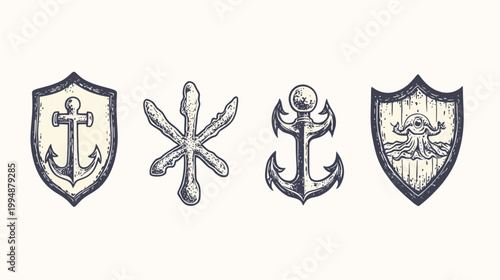 Set of vintage nautical and mystical symbols, illustrated in a textured, monochrome style
