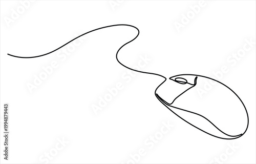 Foto Continuous line art illustration of computer mouse with cord symbolizing technol