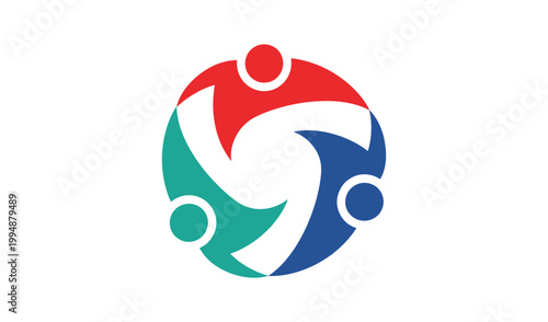 Abstract logo with three colorful human figures in a circular formation, symbolizing unity, teamwork, and diversity in a modern design.