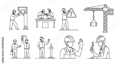 Construction workers and industry professionals performing various tasks, including safety warnings and heavy lifting with a crane.