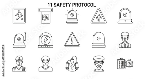 Collection of 11 safety protocol icons, including warning signs, alert lights, and personnel, presented in a clean line art style.