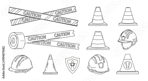 Construction Safety Icons: Caution Tape, Cones, and Hard Hats - Line Art Set