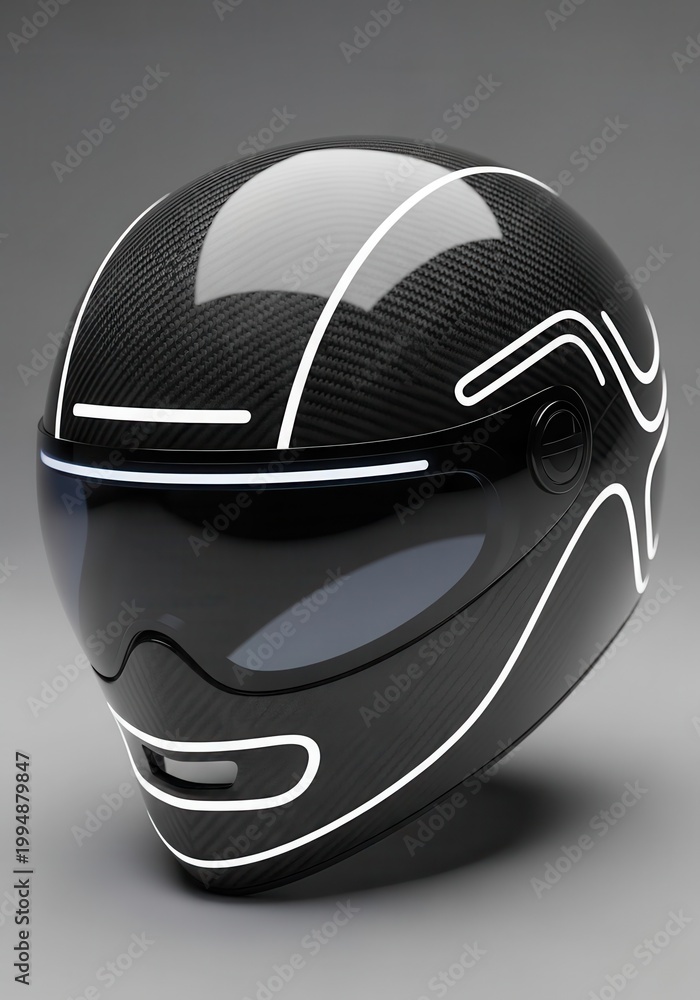 Fototapeta premium Modern carbon fiber motorcycle helmet features glowing white neon lines against a solid gray background.