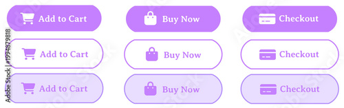 Minimal Purple  E-commerce Button Set with Add to Cart Buy Now Checkout Icons, Clean Modern UI Elements, Rounded Soft Interface Design, Simple Easy-to-Use Web and Mobile Shopping Buttons Collection 
