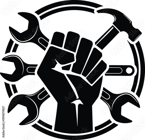 Raised Fist Silhouette with Crossed Wrenches and Hammer Icon Representing Labor Power Worker Rights Industrial Strength Craftsmanship Construction Expertise Maintenance Services and Prof