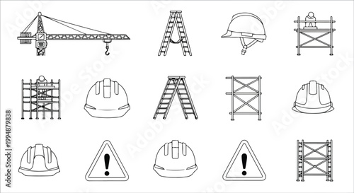 Construction Icons Set: Crane, Ladders, Helmets, Scaffolding, Warning Signs - Industry and Safety Symbols