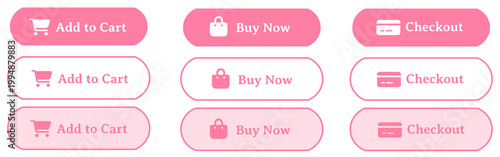 Minimal Pink and White 3MinimE-commerce Button Set with Add to Cart Buy Now Checkout Icons, Clean Modern UI Elements, Rounded Soft Interface Design, Simple Easy-to-Use Web and Mobile Shopping Buttons 