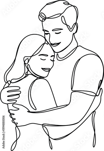 Romantic, couple embracing tightly in a tender hug with minimalist continuous line art style expressing deep affection, emotional connection, and intimacy ideal for modern illustration 