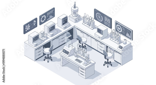 Isometric Scientific Laboratory Interior Illustration with Research Equipment, Data Analysis Screens, and Medical Testing Tools on White Background