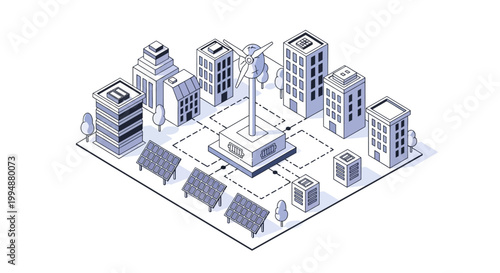 Isometric Smart City Concept with Wind Turbine and Solar Panels for Green Energy and Sustainability