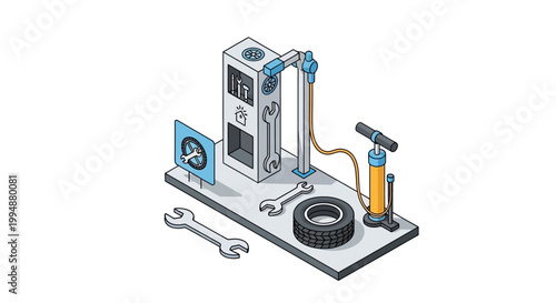 Isometric Bicycle and Car Repair Workshop Illustration with Tools, Tire, and Hand Pump