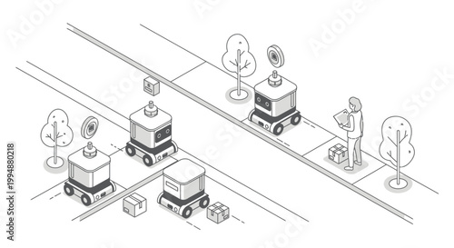 Isometric Illustration of Autonomous Delivery Robots Navigating a Smart City Sidewalk for Last-Mile Logistics and E-commerce Package Delivery