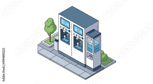 Isometric Smart Water Refill Station Kiosk for Sustainable City Infrastructure and Plastic Waste Reduction Illustration