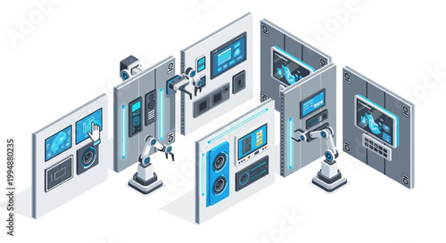 Isometric Smart Factory and Industrial Automation Concept with Robotic Arms, Touch Screens, and Digital Control Interface Panels on White Background