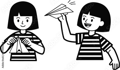 Child making and launching paper airplane, creativity and childhood fun