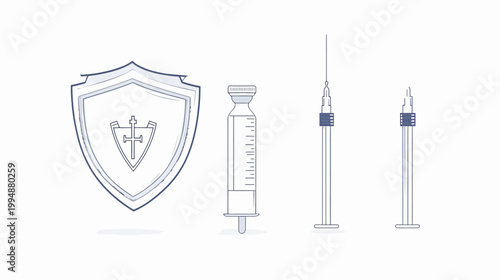 An illustration depicting a protective shield and three injection syringes on a clean, white background