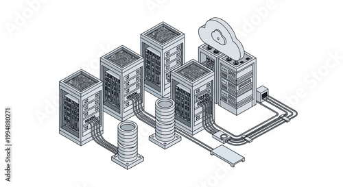 Isometric Cloud Computing and Data Center Infrastructure Illustration Featuring Server Racks, Network Connections, and Web Hosting Concept