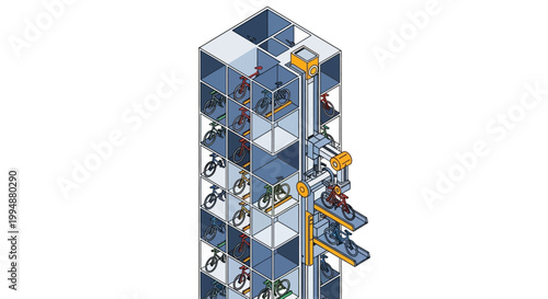 Automated Isometric Bicycle Parking Tower and Smart City Storage Solution with Robotic Lift System for Sustainable Urban Transportation