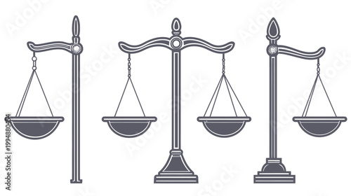 Three stylized grayscale depictions of balances with different stands. Symbol of justice, law, & fairness