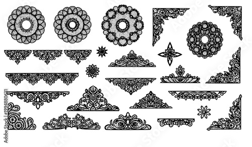 Trendy black lace vector bundle with ornate decorative shapes borders and trims