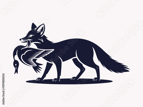 Fox carrying bird silhouette wildlife fox hunting prey vector illustration. 
