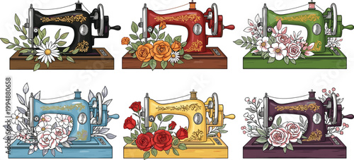 Vintage Sewing Machine Illustration Set Featuring Decorative Retro Machines with Floral Arrangements and Colorful Designs Perfect for Tailoring Crafts Embroidery Fashion Design and 