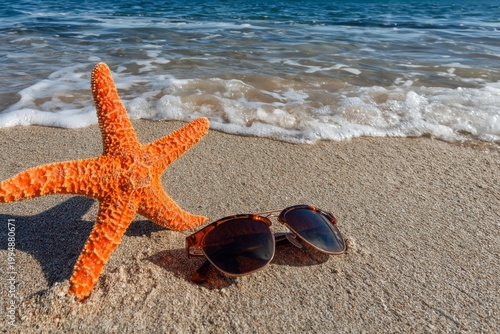Bright Starfish and Sunglasses on Sandy Beach Near Ocean During Sunny Day