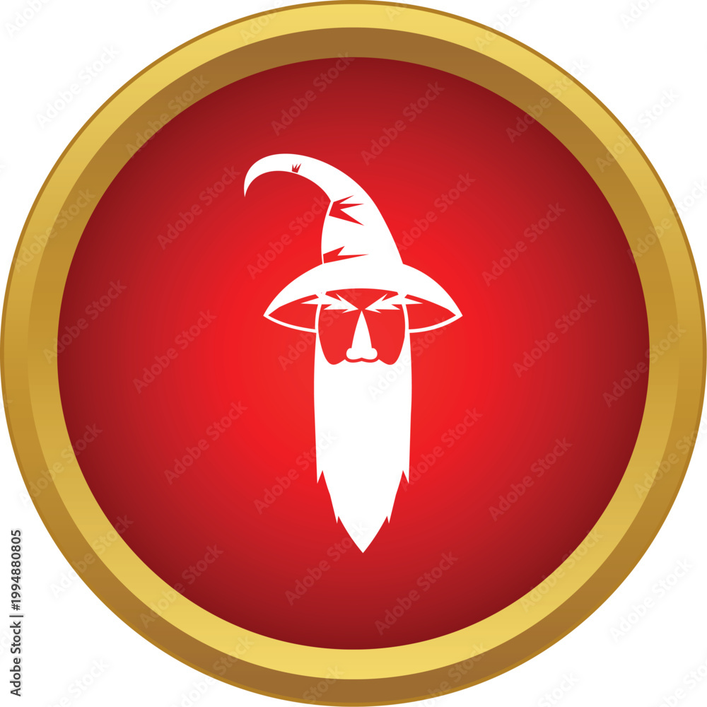Fototapeta premium White wizard with pointed hat and beard in a golden framed red circle