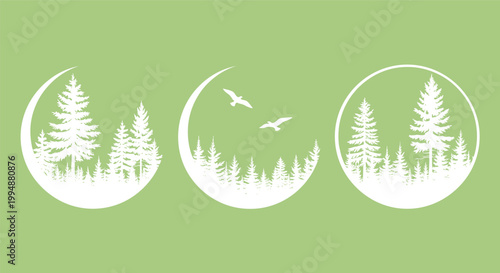 White Pine Forest Silhouettes in Circular and Crescent Moon Frames with Flying Birds Isolated on Green Background for Nature Conservation and Outdoor Graphic Design Projects