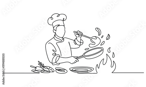 Chef skillfully flipping pancakes in a hot frying pan with flames.