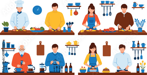Professional Chefs and Home Cooks Set Featuring Diverse People Preparing Food Healthy Meals and Coffee in Kitchen for Culinary Industry and Restaurant Concept Vector Illustration