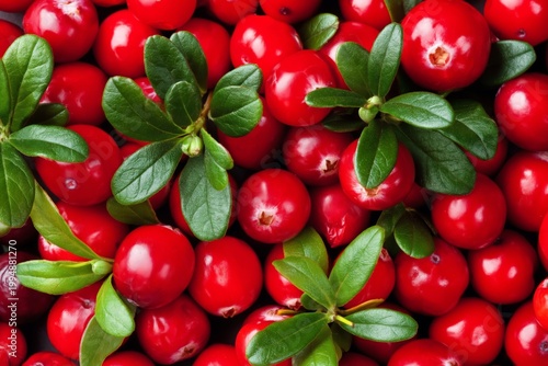 Cranberries Arranged With Green Leaves on a Flat Surface in a Kitchen Setting...