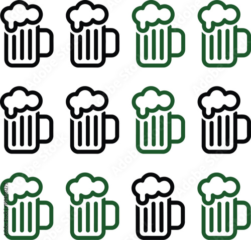 Set, of beer mug icons in various styles and colors designed for pub branding, beverage menus, festival graphics, and modern bar themed visual design projects.