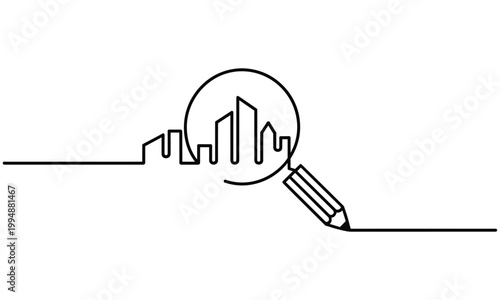 Cityscape viewed through a magnifying glass with a pencil of  Continuous line drawing.