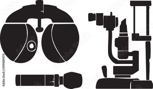 Eye Care Equipment Vector Silhouette Set with Phoropter and Slit Lamp