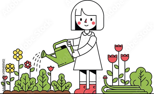 Happy Girl Watering Flowers in Garden with Watering Can
