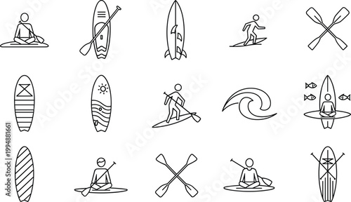 Water Sports and Surfing Line Icons Vector Set with Paddle Board, Surfboard, Kayak, Wave, Paddle, Kayaker and SUP for Summer Beach Designs