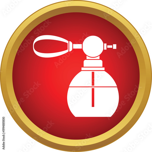 Perfume bottle with an atomizer spray against a red circle with a gold frame
