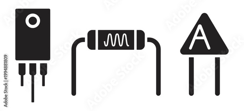Black electronic component icon set transistor resistor arrow symbol clean line style vector icons for electronics, hardware and circuit diagram design.