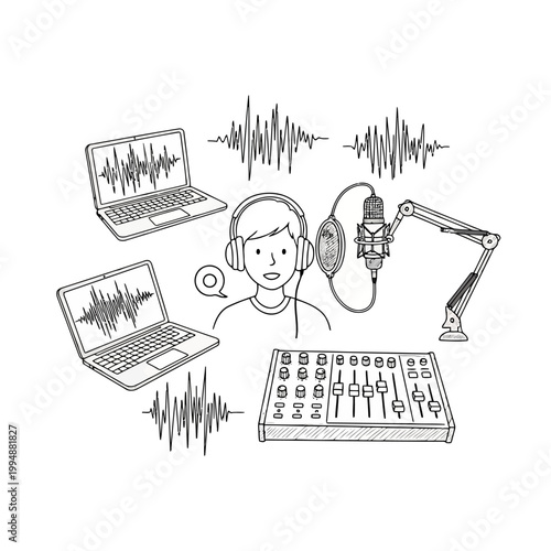 A creative person with headphones recording audio, surrounded by laptops displaying sound waves, professional microphone setup, and sound mixer.