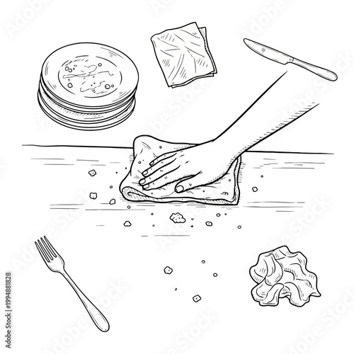 A hand meticulously wiping down kitchen counter with cloth, surrounded by various kitchen items including stacked plates, knife, fork, and crumpled napkin.