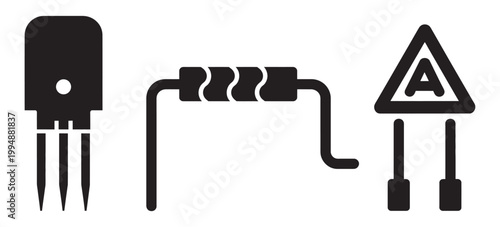 Black electronic component icon set transistor resistor arrow symbol clean line style vector icons for electronics, hardware and circuit diagram design.