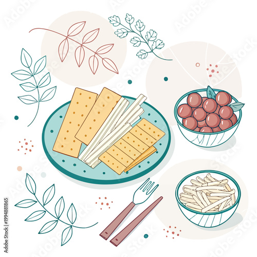 Snack platter with crackers, cheese sticks, olives, and fries, casual gathering, party food, appetizer spread, delicious nibbles, savory treats, light bites,